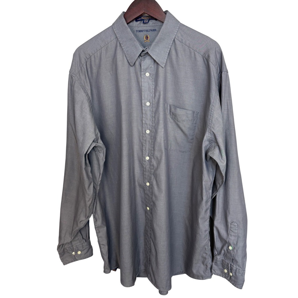 Vintage Tommy Hilfiger Gray Oxford Dress Shirt Men's 17.5 36/37 XL‎